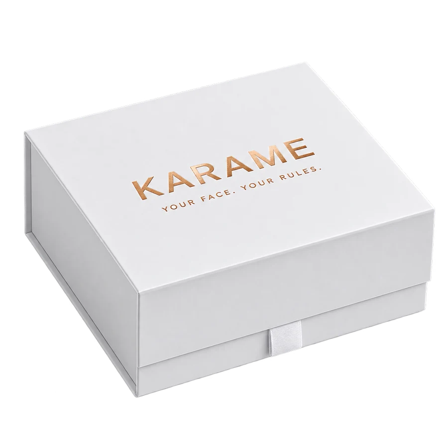 The KARAME presentation box, white with rose-gold foil lettering