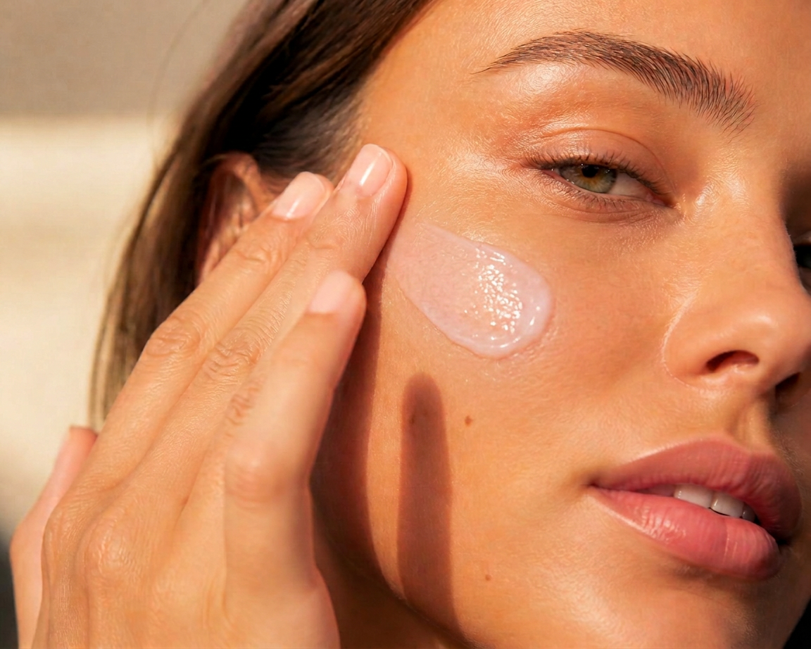A fingertip pressing FRESHEN balm onto a cheekbone in warm morning light