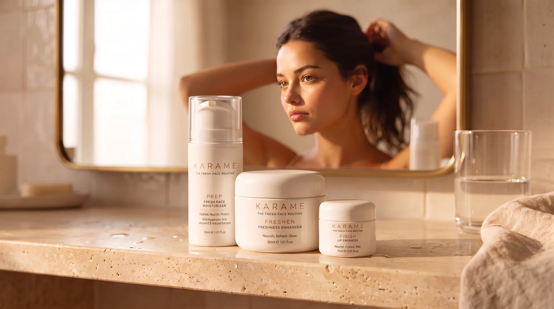 KARAME Fresh-Face Routine products on a bathroom shelf, with a woman tying her hair back reflected in the mirror